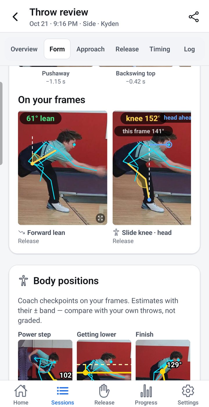 PinForm Form tab: forward lean 61 degrees and slide knee 152 degrees drawn on the release frames